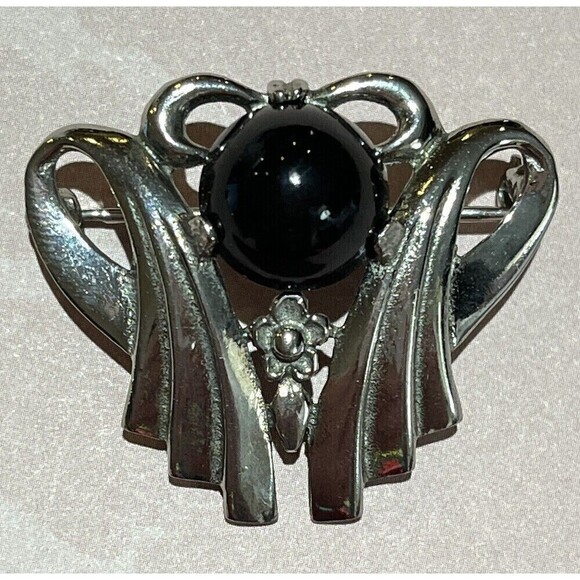 Vintage Brooch/Pin Sterling Victorian Goth Black Onyx Floral Art Deco Design - Picture 1 of 9